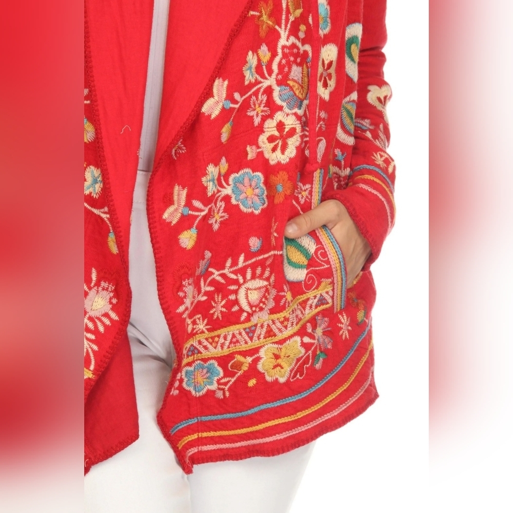 Johnny Was Jemima Hoodie in red with colorful floral embroidery Size S - Picture 4 of 8